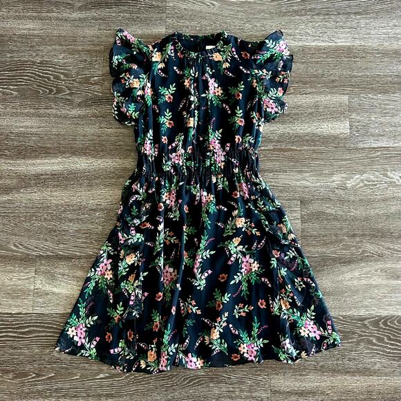 Shoshanna Amora 100% Silk Chiffon Dress Black Floral Ruffle Size 4 Fit & Flare - Picture 2 of 16